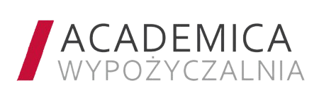 Logotyp - czarno-szary napis Academica wypożyczalnia z ukośną czerwoną kreską.