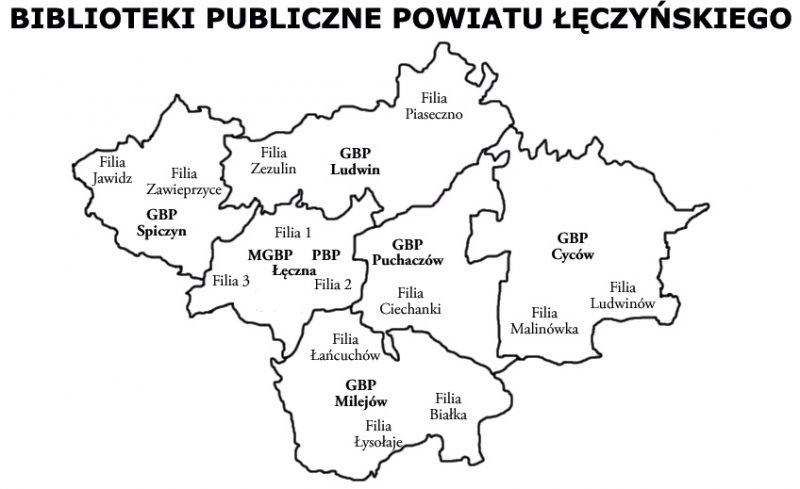 Grafika, mapa powiatu łęczyńskiego z zaznaczonymi miejscowościami - siedzibami bibliotek oraz napis Biblioteki publiczne powiatu łęczyńskiego.