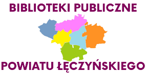 Grafika, kolorowa mapa powiatu łęczyńskiego z napisem biblioteki publiczne powiatu łęczyńskiego.
