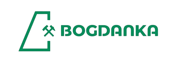 Logo, na białym tle zielony symbol kopalni oraz napis Bogdanka.