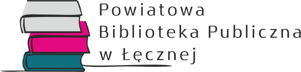 Logotyp - trzy książki szara, amarantowa, turkusowa z napisem Powiatowa Biblioteka Publiczna w Łęcznej.
