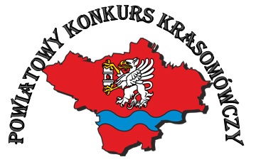 Logo Powiatowego Konkursu Krasomówczego przedstawiające białego gryfa na tle czerwonej mapy powiatu  łęczyńskiego.