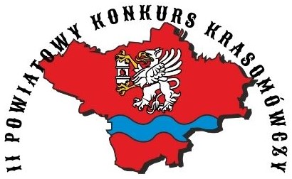 Logo II Powiatowego Konkursu Krasomówczego przedstawiające białego gryfa na tle czerwonej mapy powiatu łęczyńskiego.