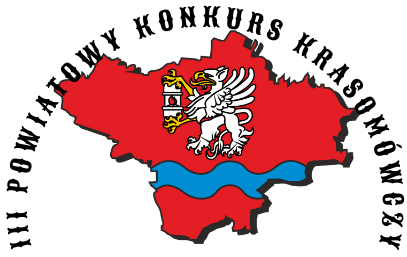 Logo III Powiatowego Konkursu Krasomówczego przedstawiające białego gryfa na tle czerwonej mapy powiatu  łęczyńskiego.