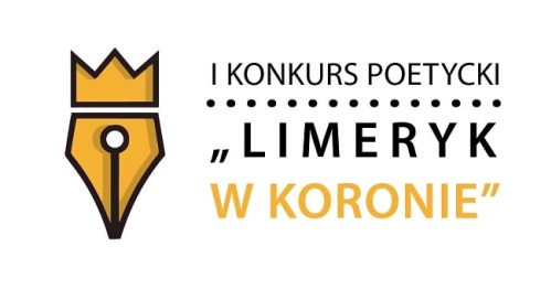 Logo konkursu, złota stalówka pióra w koronie z napisem I Konkurs Poetycki "Limeryk w Koronie"