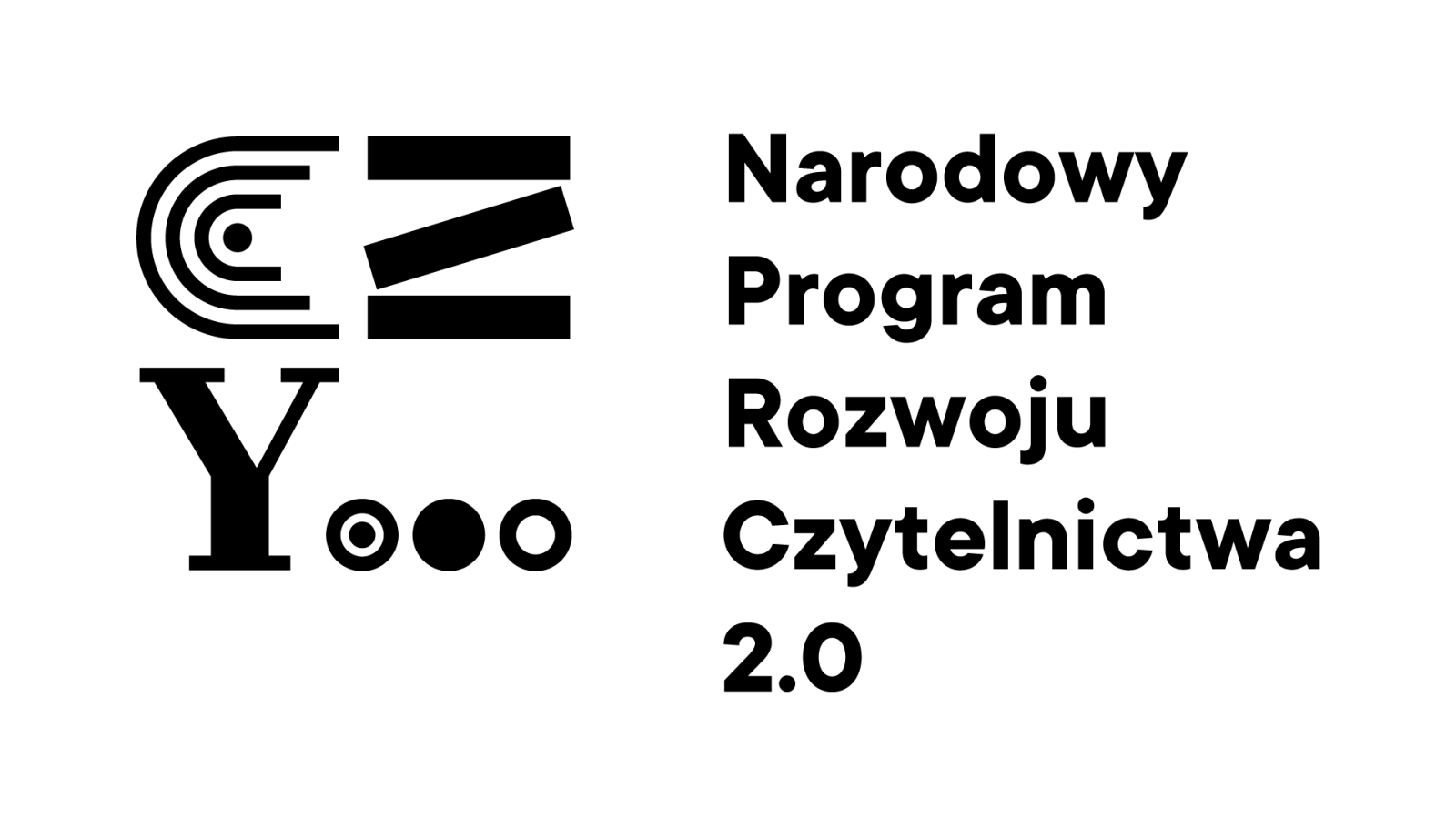 Logo, litery "CZY" z trzema kropkami z napisem Narodowy Program Rozwoju Czytelnictwa 2.0.