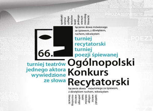 Biało-szaro-czarno-niebieskie logo 66. Ogólnopolskiego Konkursu Recytatorskiego.