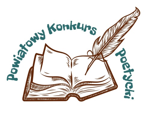 Kolorowe logo konkursu, otwarta książka z gęsim piórem oraz napis Powiatowy Konkurs Poetycki.