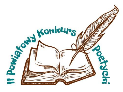 Kolorowe logo konkursu, otwarta książka z gęsim piórem oraz napis II Powiatowy Konkurs Poetycki.