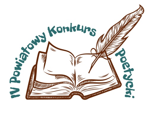 Kolorowe logo konkursu, otwarta książka z gęsim piórem oraz napis IV Powiatowy Konkurs Krasomówczy.