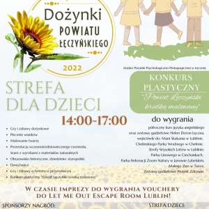 Kolorowy plakat reklamujący Strefę dla dzieci podczas Dożynek Powiatu Łęczyńskiego 2022.