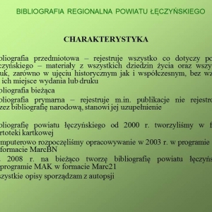 Slajd charakteryzujący bibliografię regionalną powiatu łęczyńskiego.